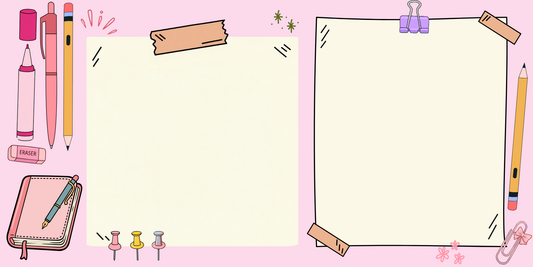 Flat lay of stationery doodle dual notepad showing illustrated pencils, markers, and dual writing panels
