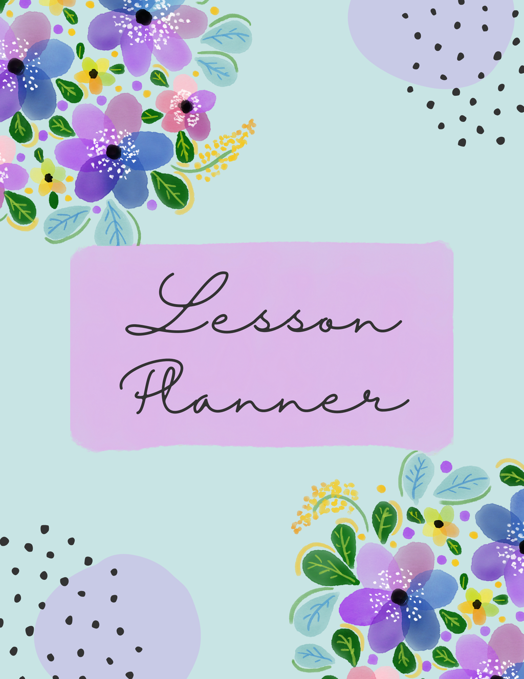 Floral Lesson Planner cover – mint background with purple watercolor flowers