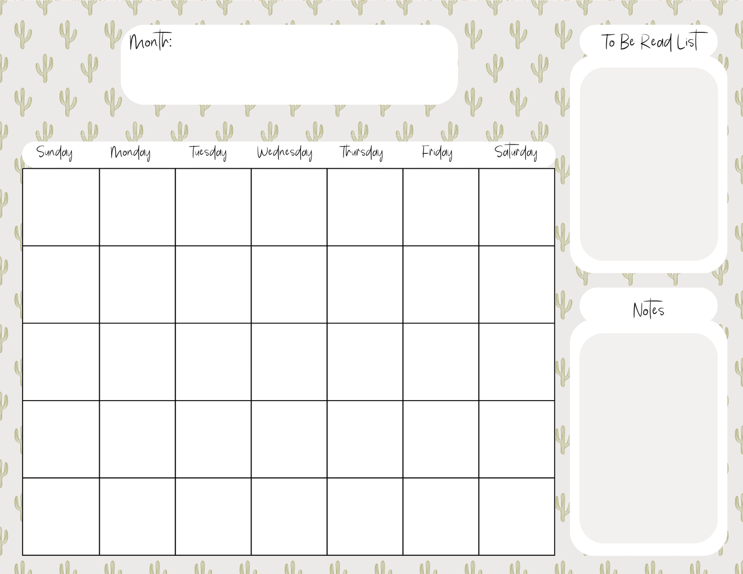 Minimalist Cactus Monthly Calendar Pad