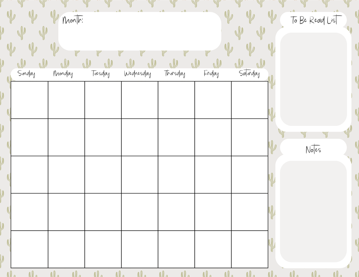 Minimalist Cactus Monthly Calendar Pad