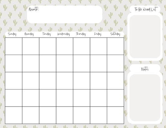 Minimalist Cactus Monthly Calendar Pad