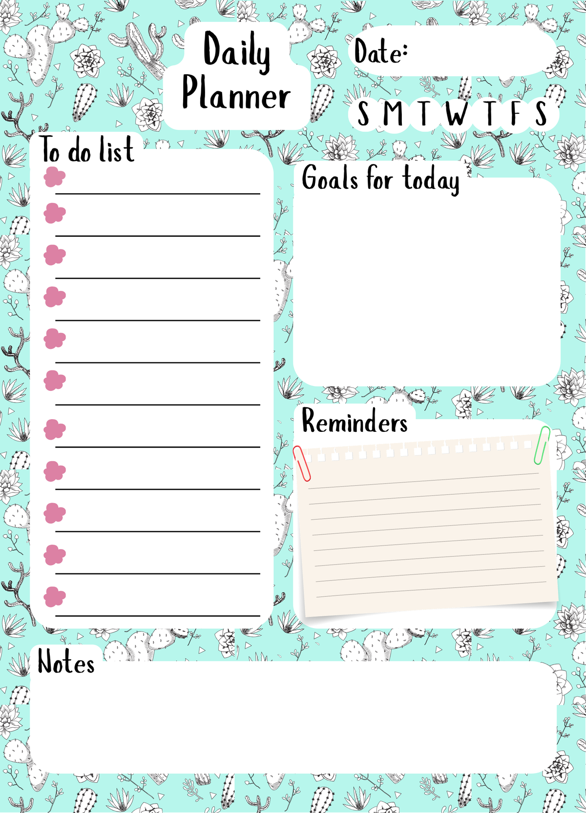 Mint Cactus Daily Planner Notepad