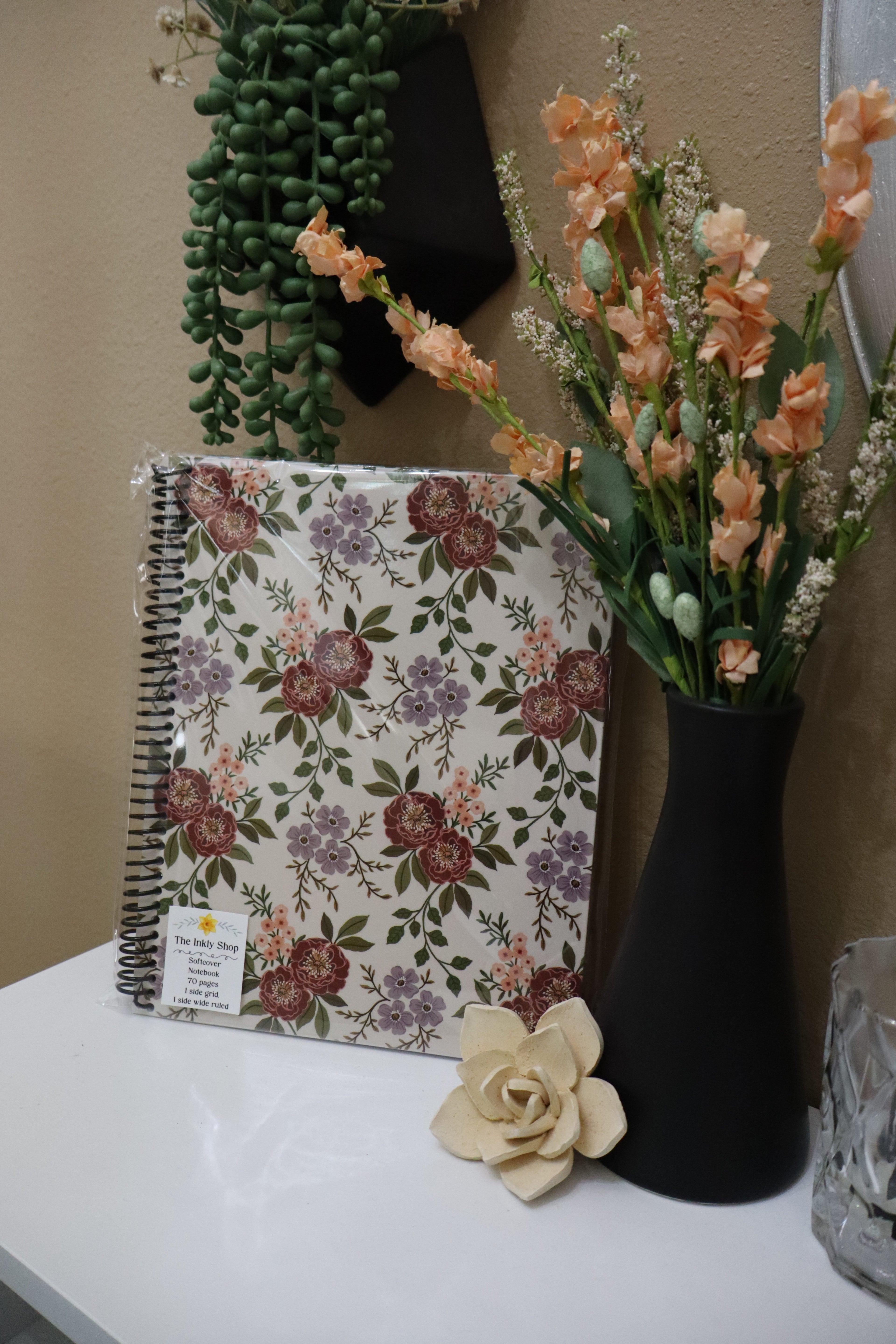 Vintage floral softcover spiral notebook showing full cover with rose, mauve and lavender blooms