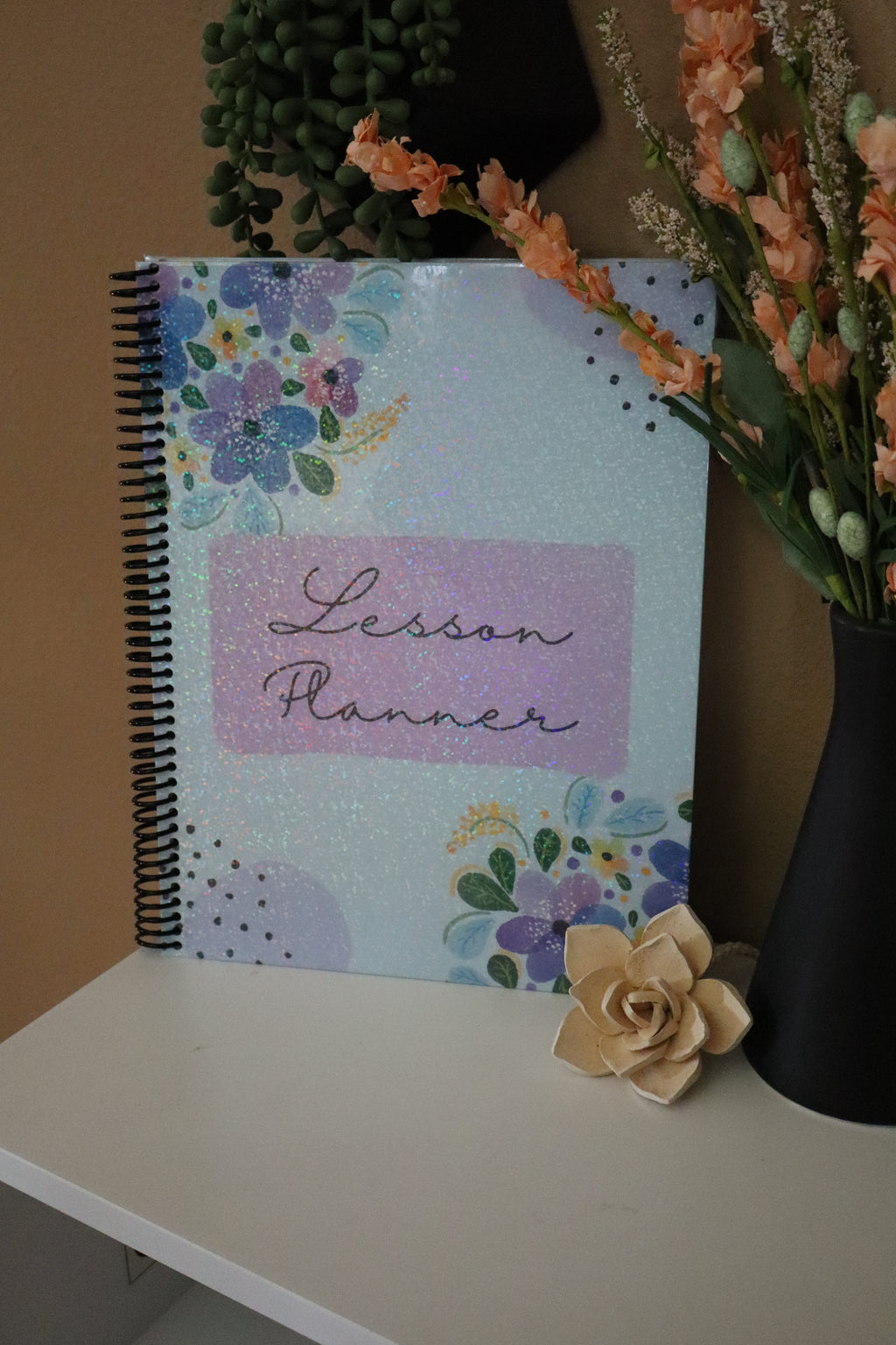 Floral Lesson Planner front cover with glitter finish