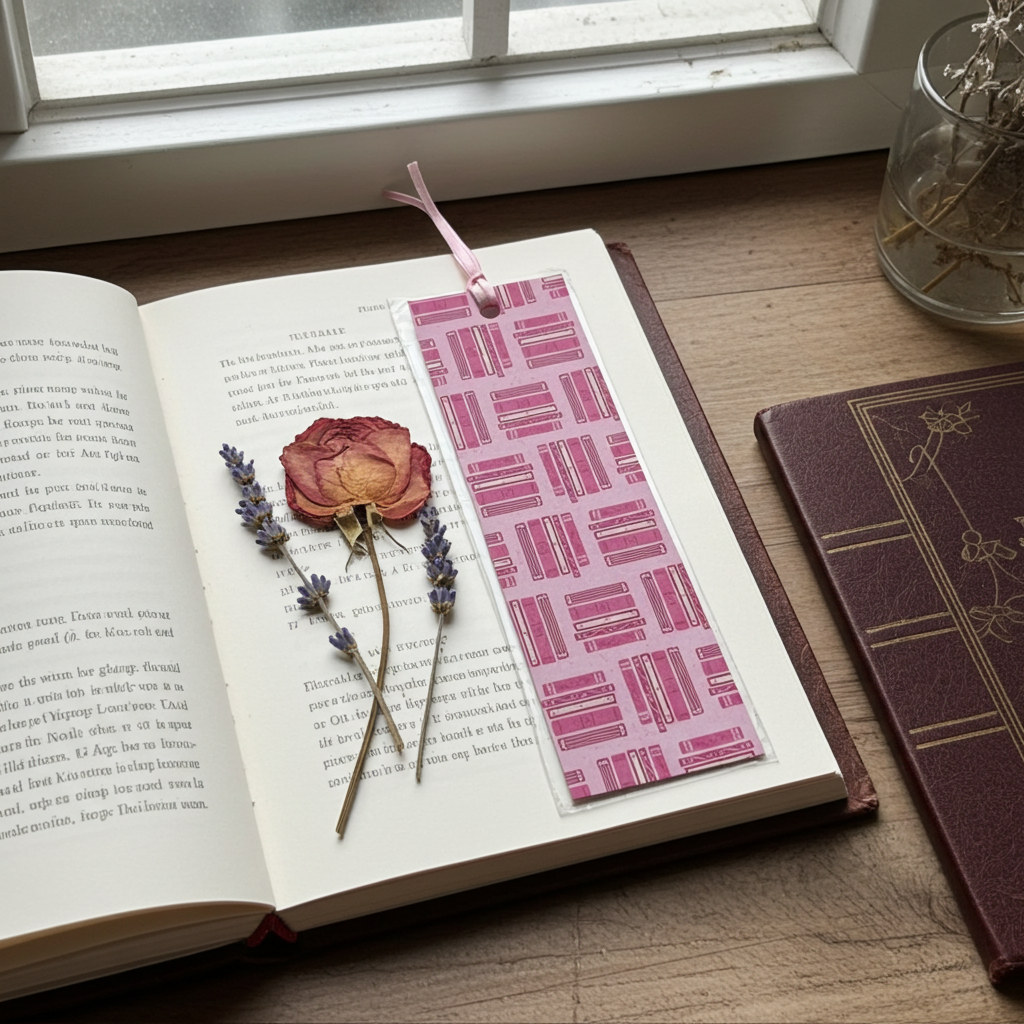 Pink Stacked Books Pattern Bookmark
