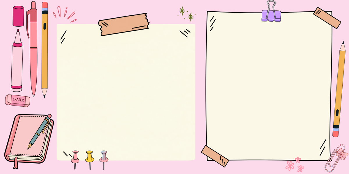 Flat lay of stationery doodle dual notepad showing illustrated pencils, markers, and dual writing panels