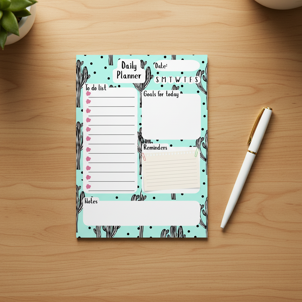 Cactus Daily Planner Notepad Flat Lay