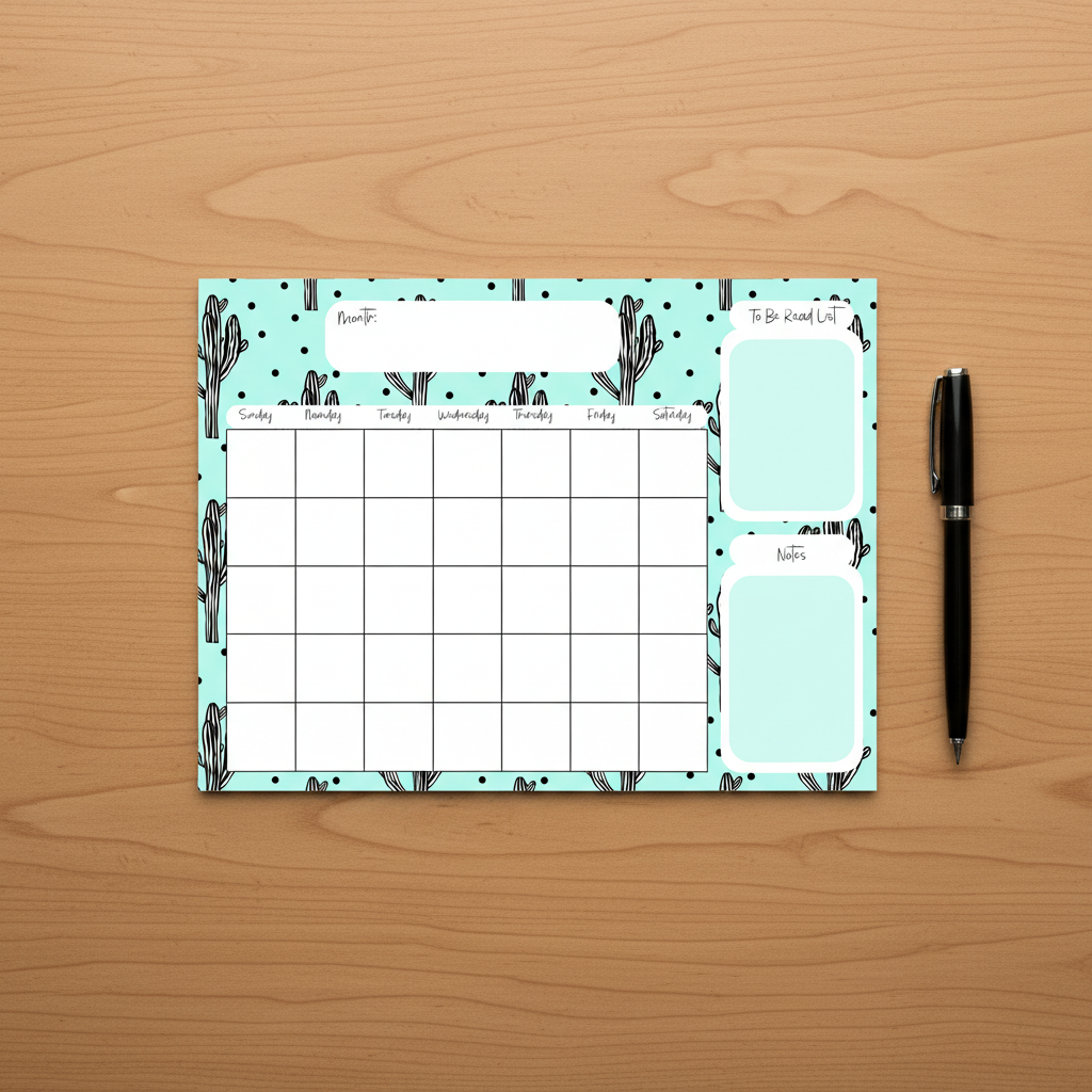 Cactus Monthly Calendar Pad Flat Lay