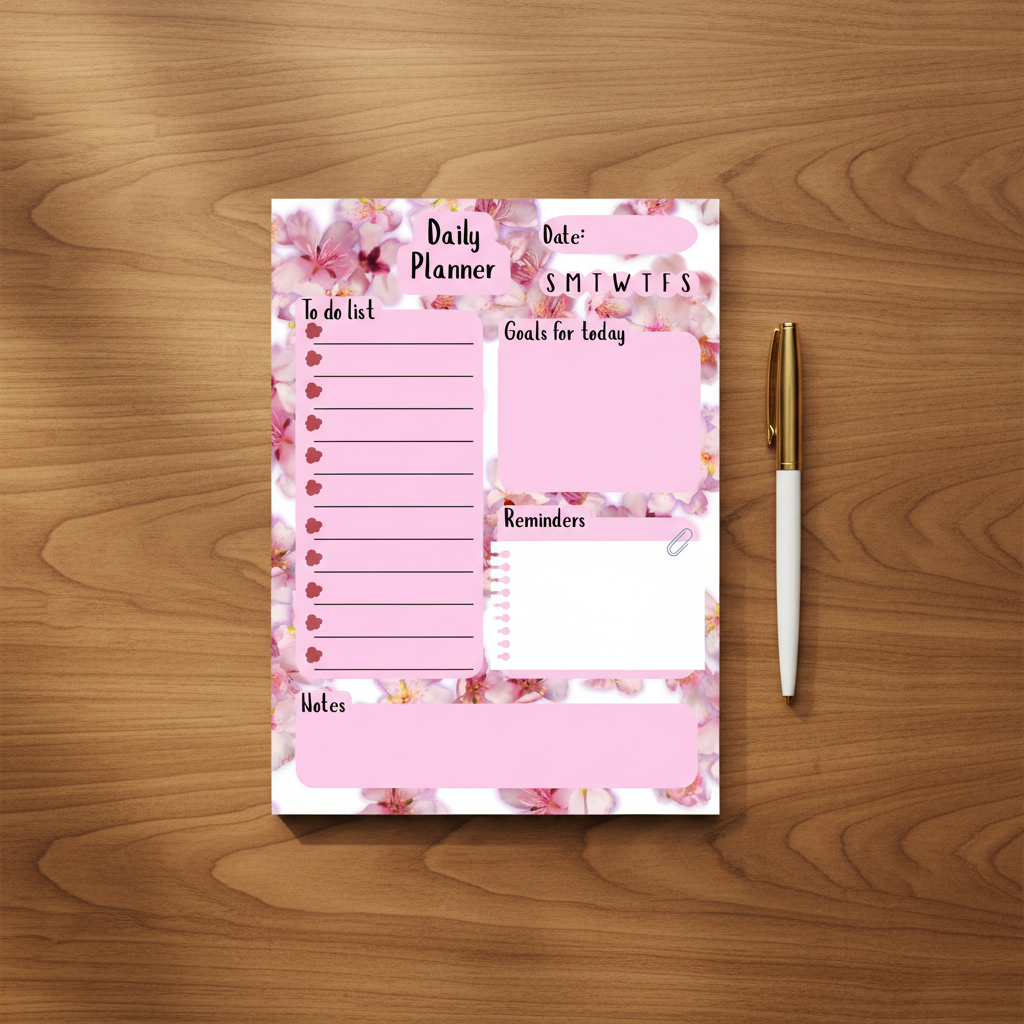 Cherry Blossom Daily Planner Notepad Flat Lay