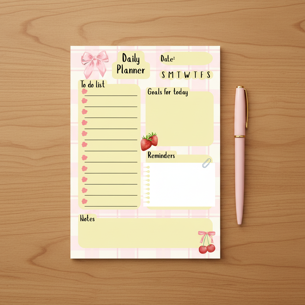 Coquette Strawberry Daily Planner Notepad Flat Lay