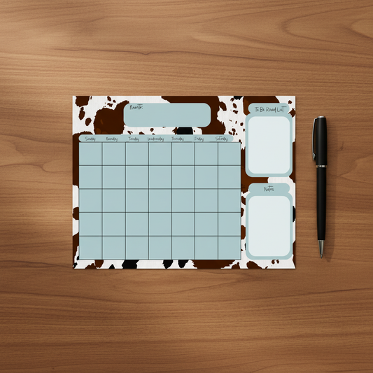 Cow Print Monthly Calendar Pad Flat Lay