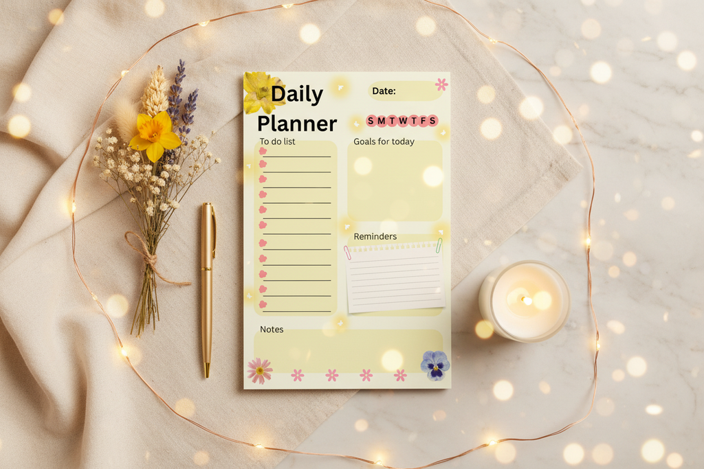 Fireflies Daily Planner Notepad – Flat Lay Hero
