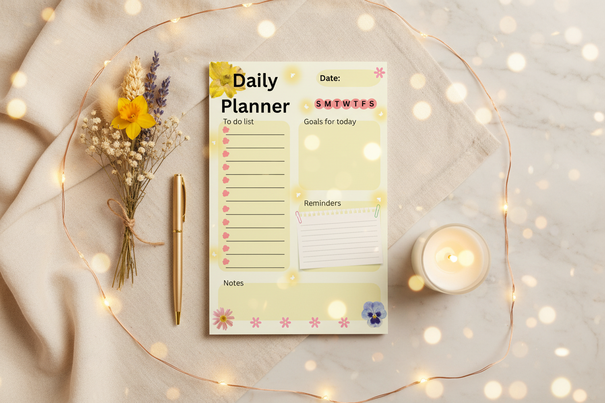 Fireflies Daily Planner Notepad – Flat Lay Hero
