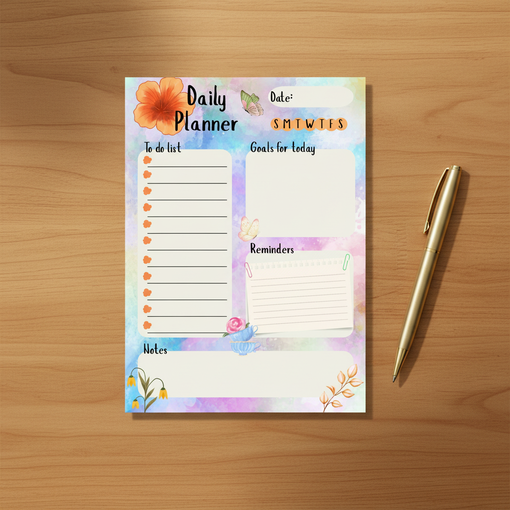 Floral Daily Planner Notepad Flat Lay