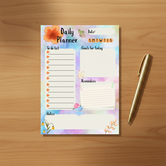 Floral Daily Planner Notepad Flat Lay