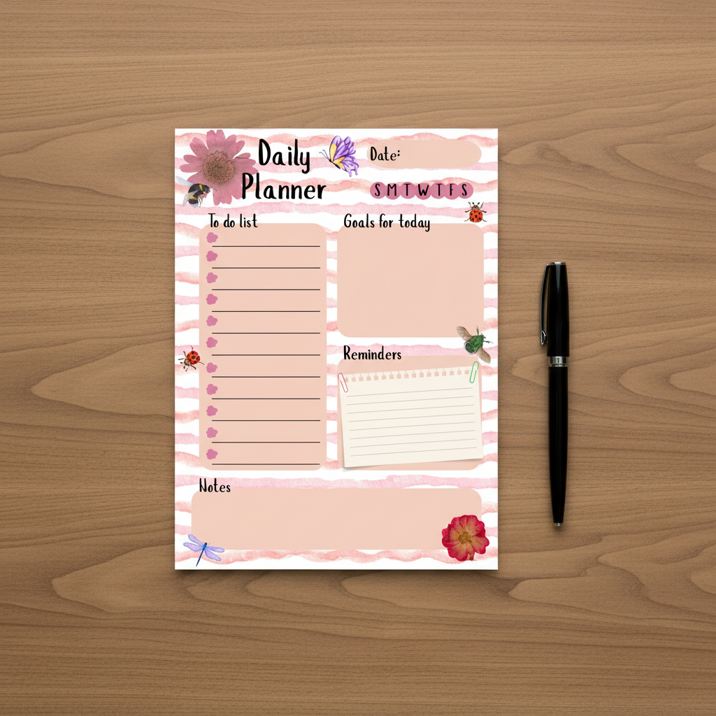 Garden Bug Daily Planner Notepad Flat Lay