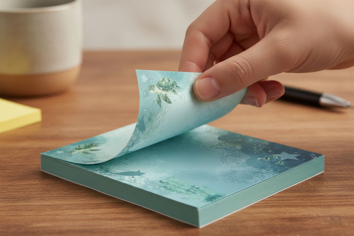 Hand using ocean sticky notepad 50-sheet pack
