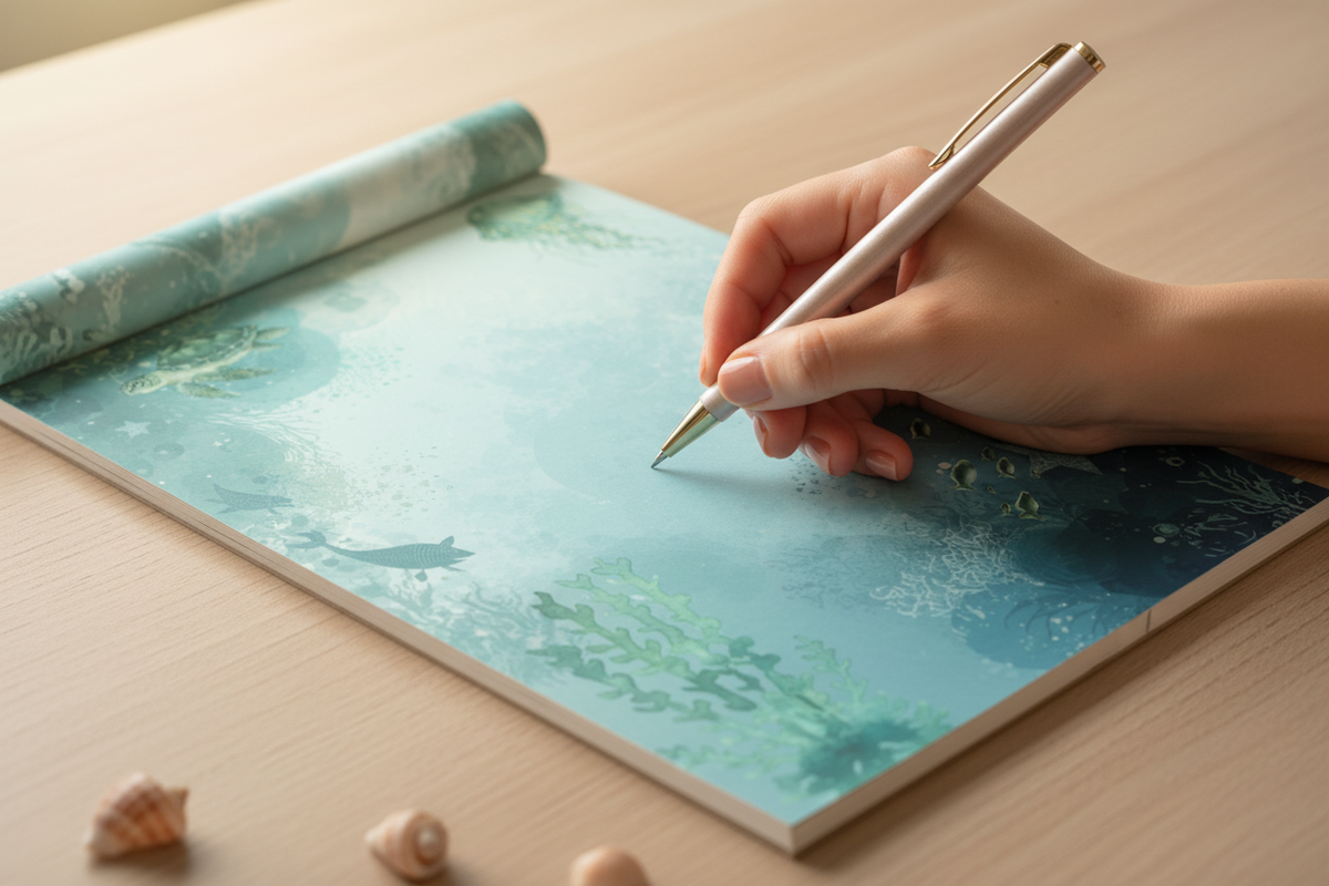 Hand writing on ocean notepad