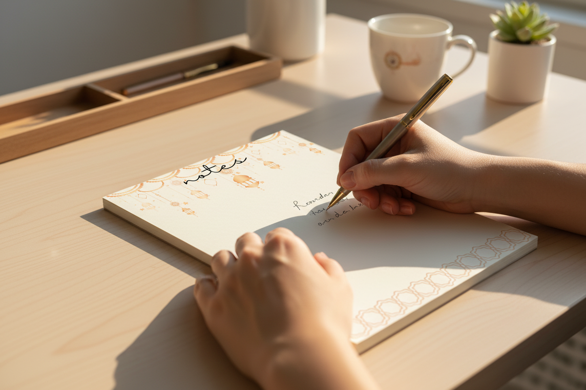 Hand writing on golden lantern notepad