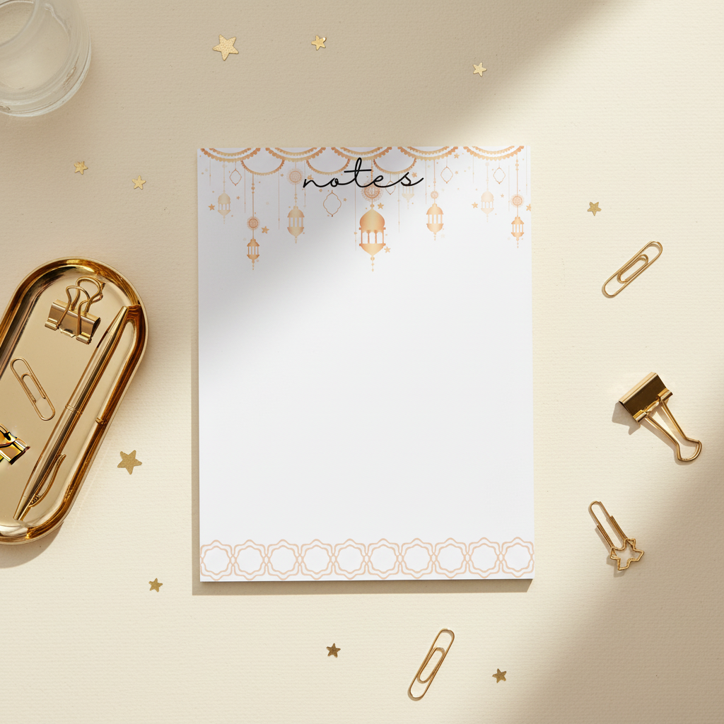 Golden lantern notepad flatlay with accessories