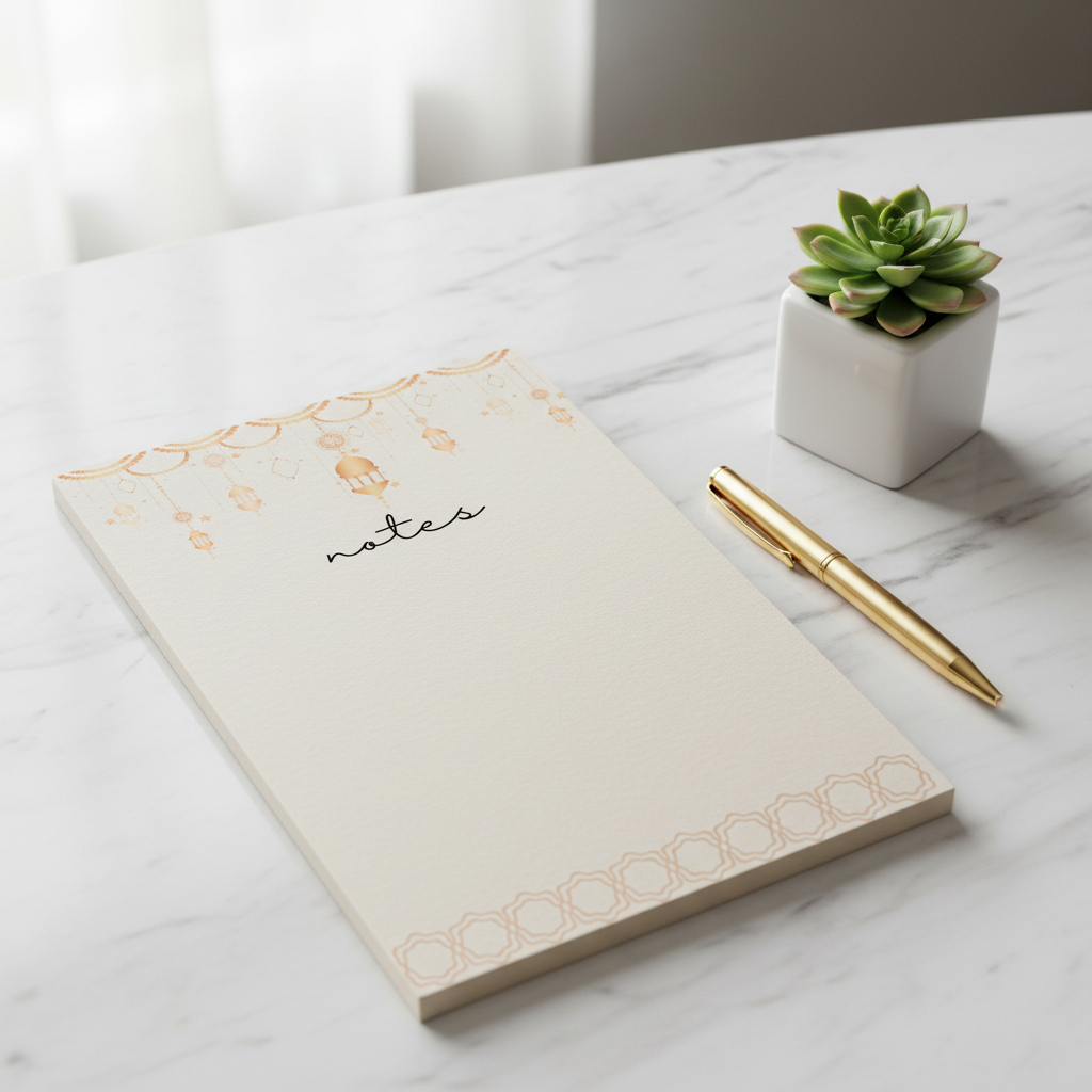 Golden lantern notepad on marble desk