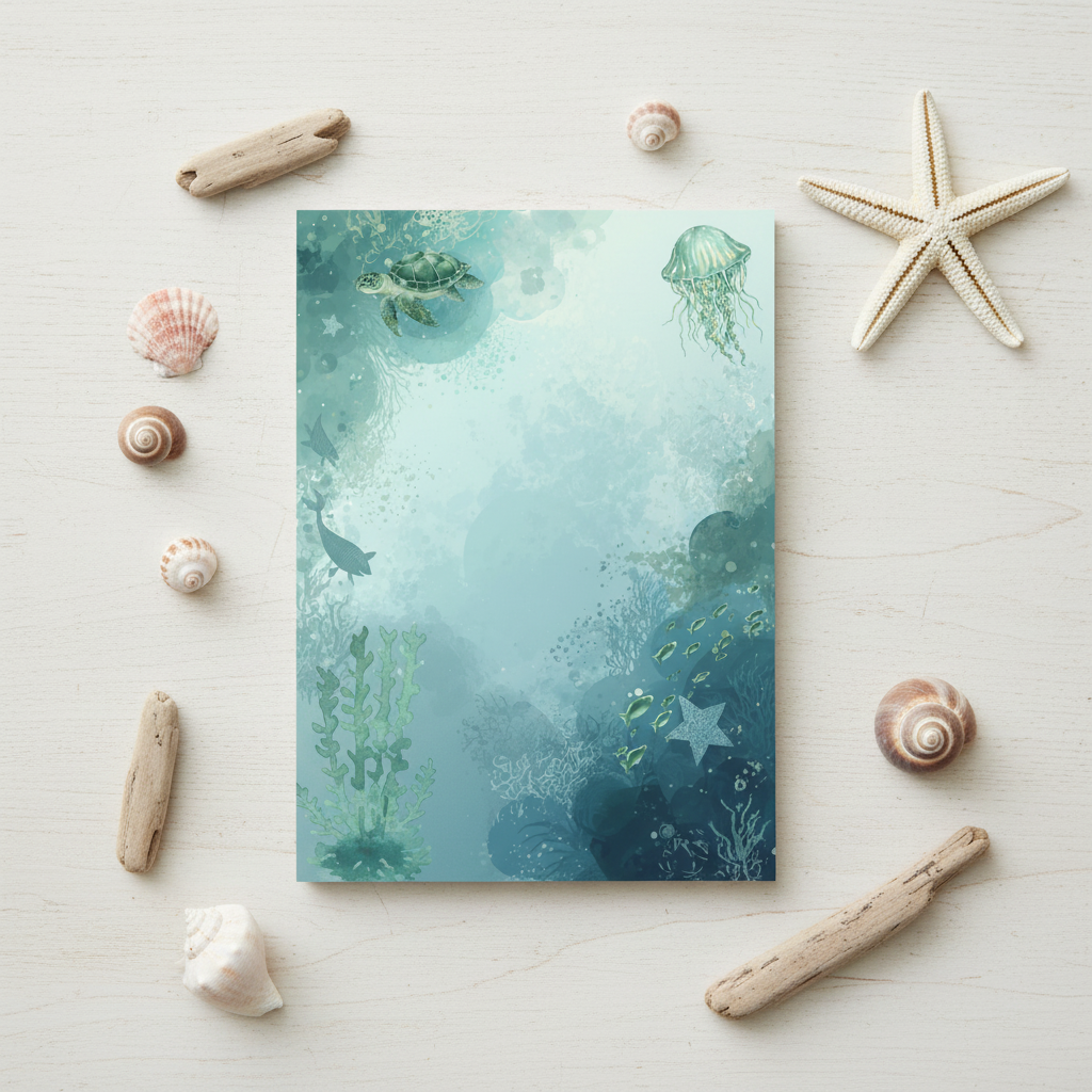 Ocean notepad flatlay with shells