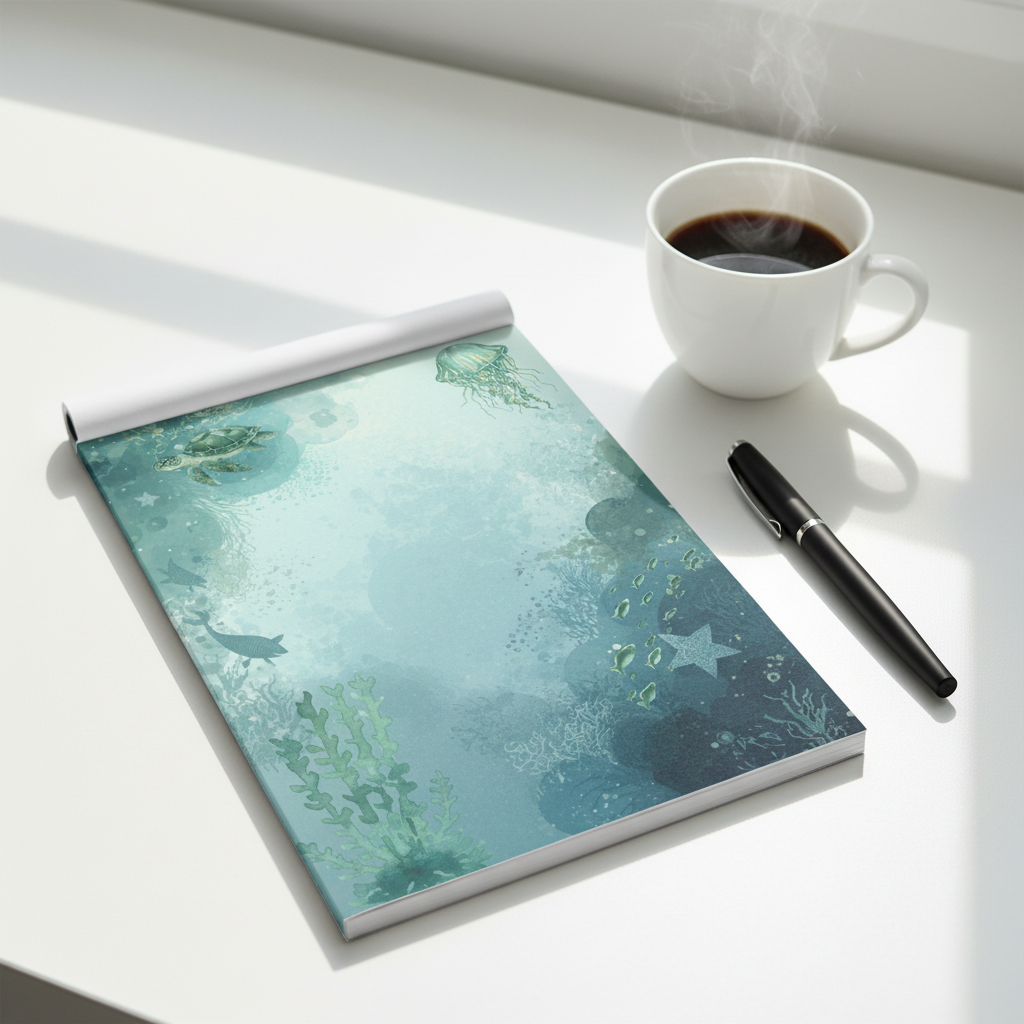 Ocean notepad on desk with coffee