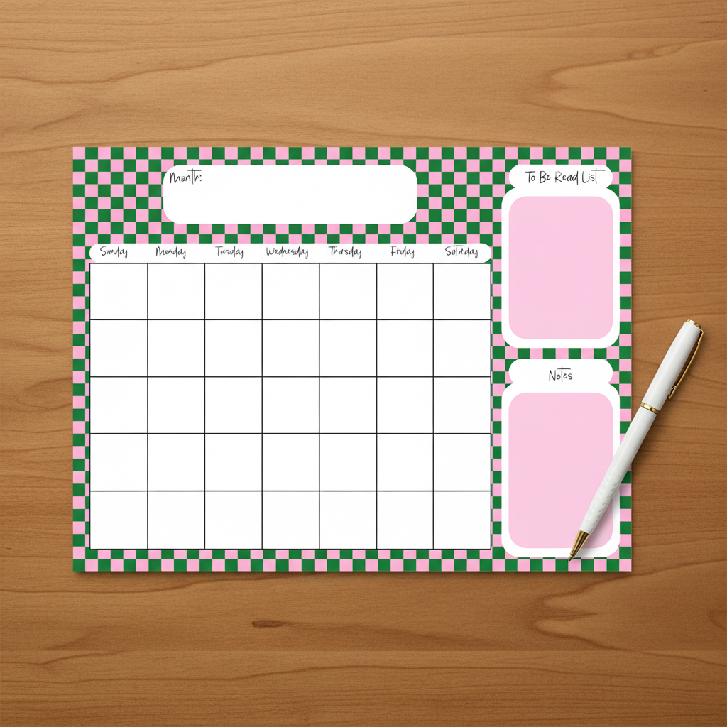Pink Checker Monthly Calendar Pad Flat Lay