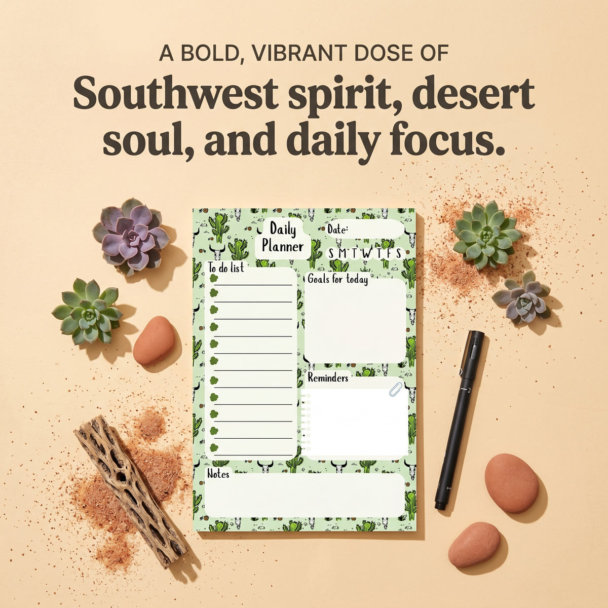 Desert Skull & Cactus In Color Daily Planner Notepad