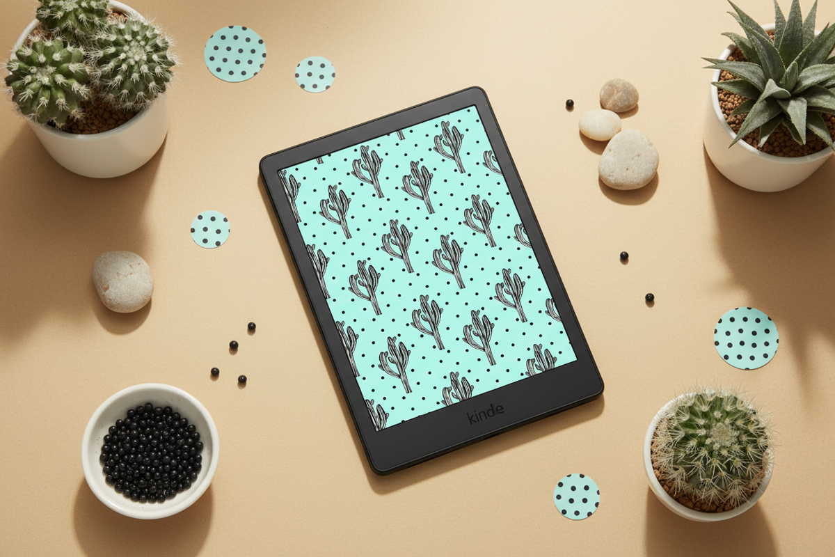 Teal Cactus Polka Dot Kindle Back Cover – Flat Lay Hero