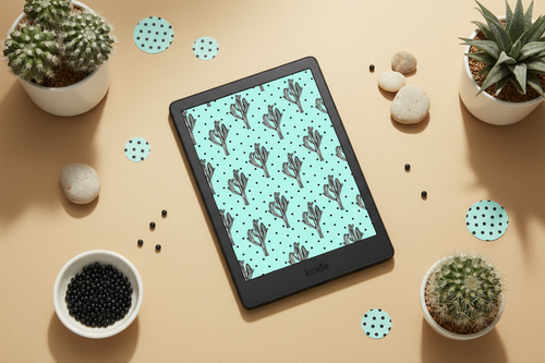 Teal Cactus Polka Dot Kindle Back Cover – Flat Lay Hero