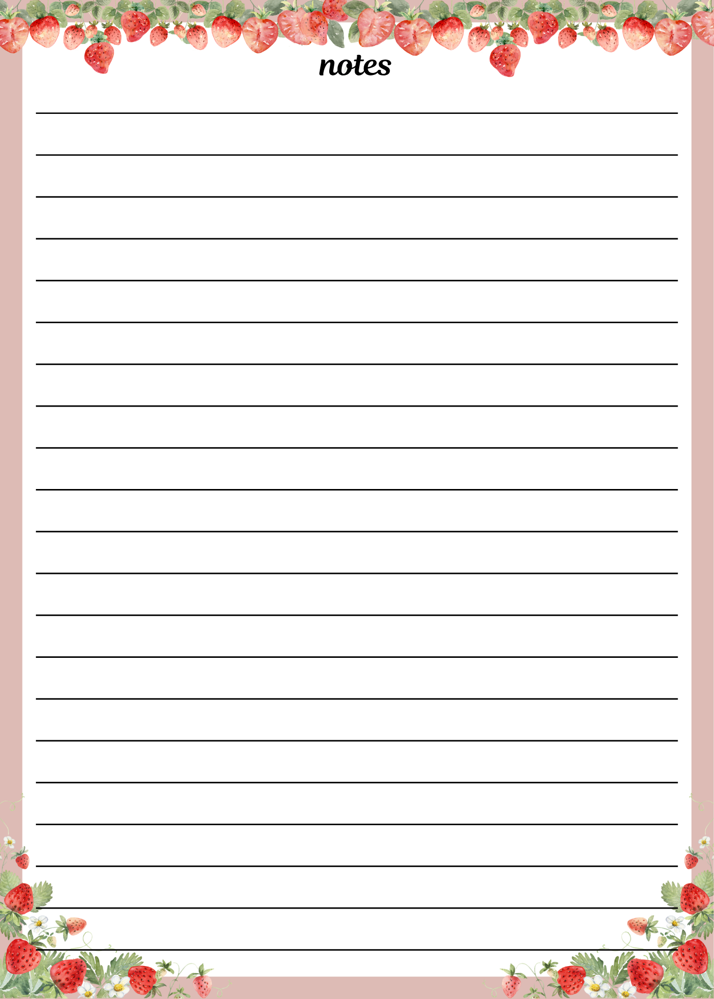 Strawberry Notes Notepad with watercolor strawberry border and lined pages