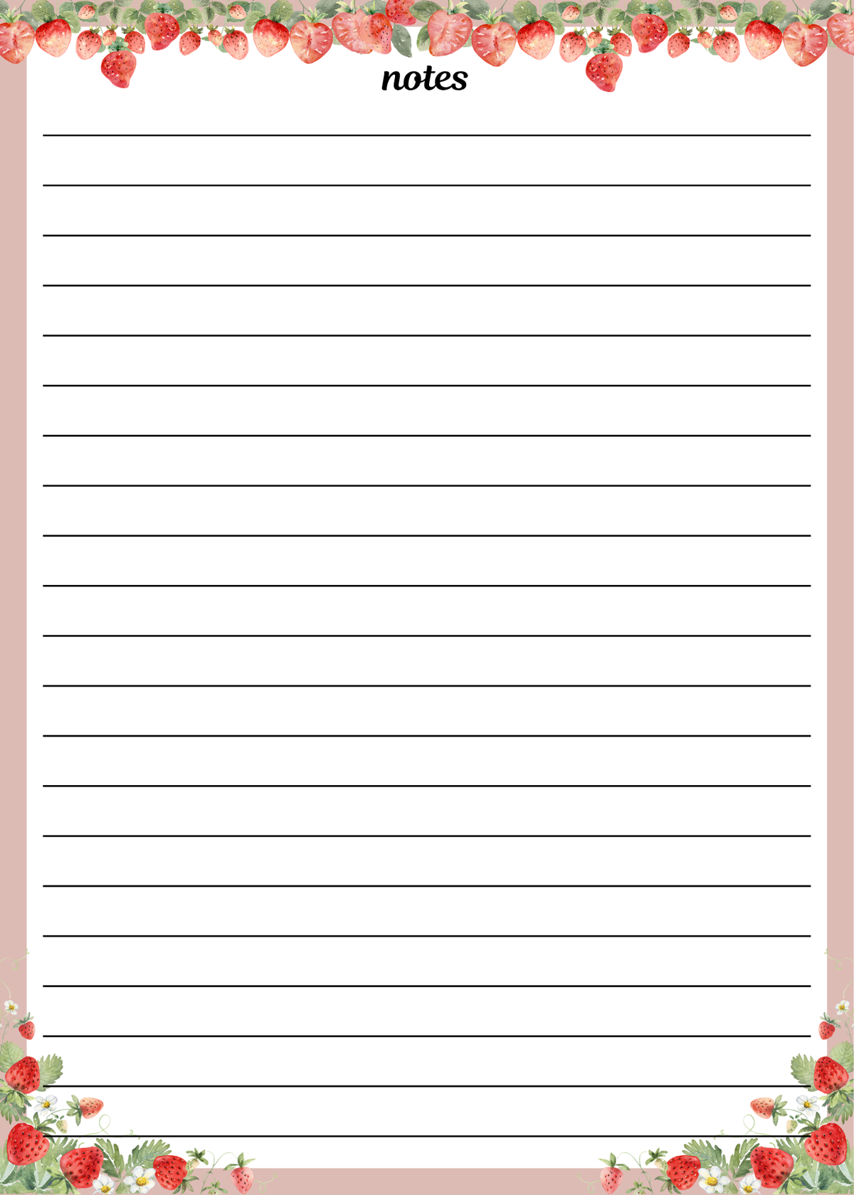 Strawberry Notes Notepad with watercolor strawberry border and lined pages