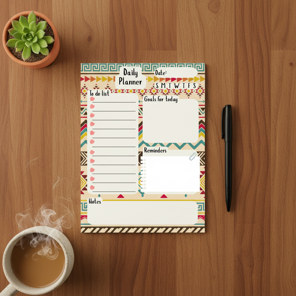 Tribal Boho Daily Planner Notepad Flat Lay
