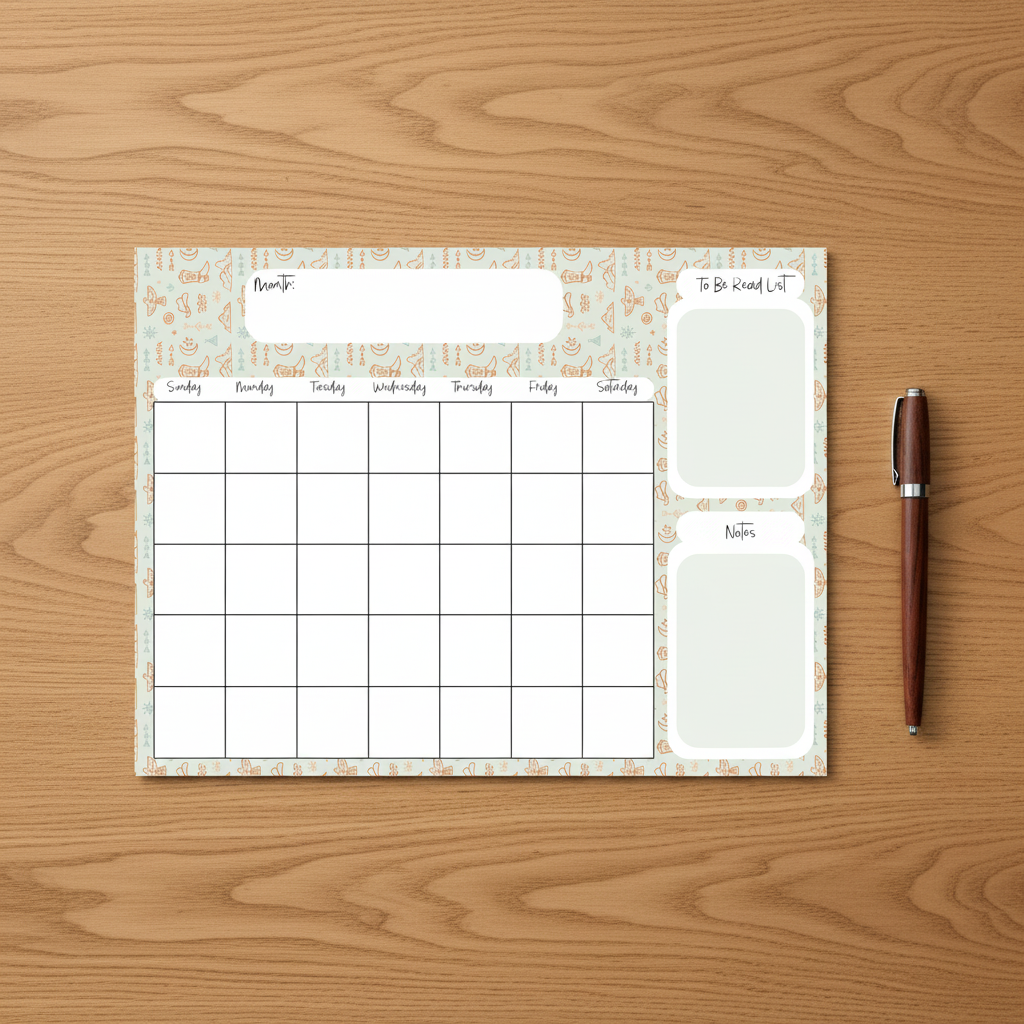 Tribal Folk Art Monthly Calendar Pad Flat Lay