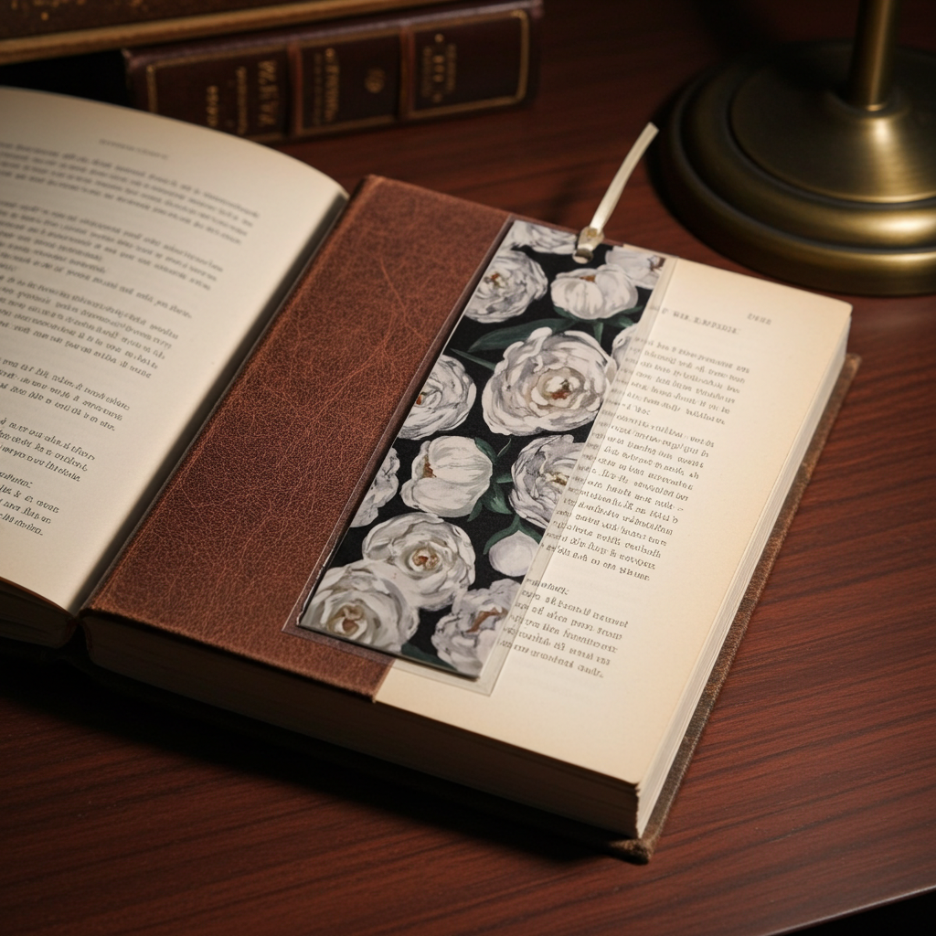 White Peonies on Black Bookmark
